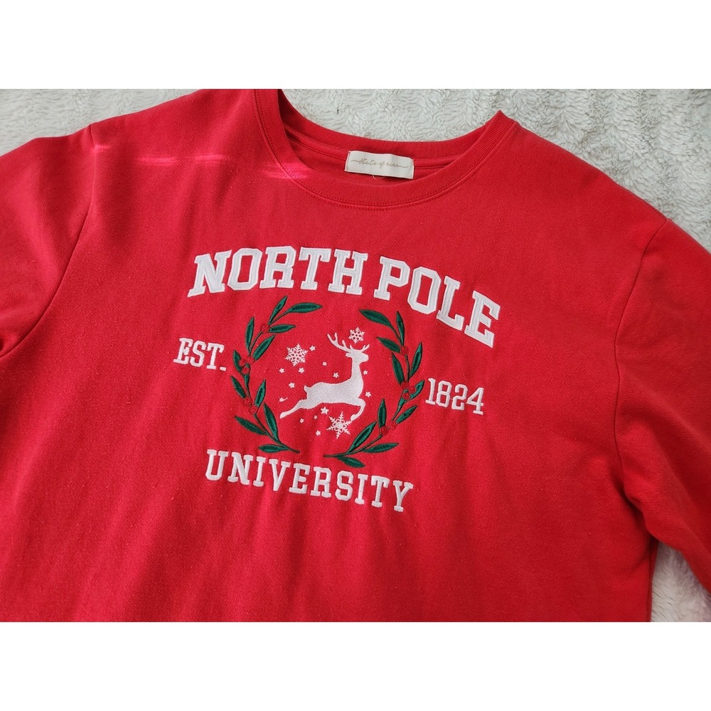 State of Mine Womens L Red North Pole University Reindeer Christmas Sweatshirt